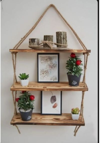 Doğal Ahşap 3 ' lü Halatlı Duvar Rafı